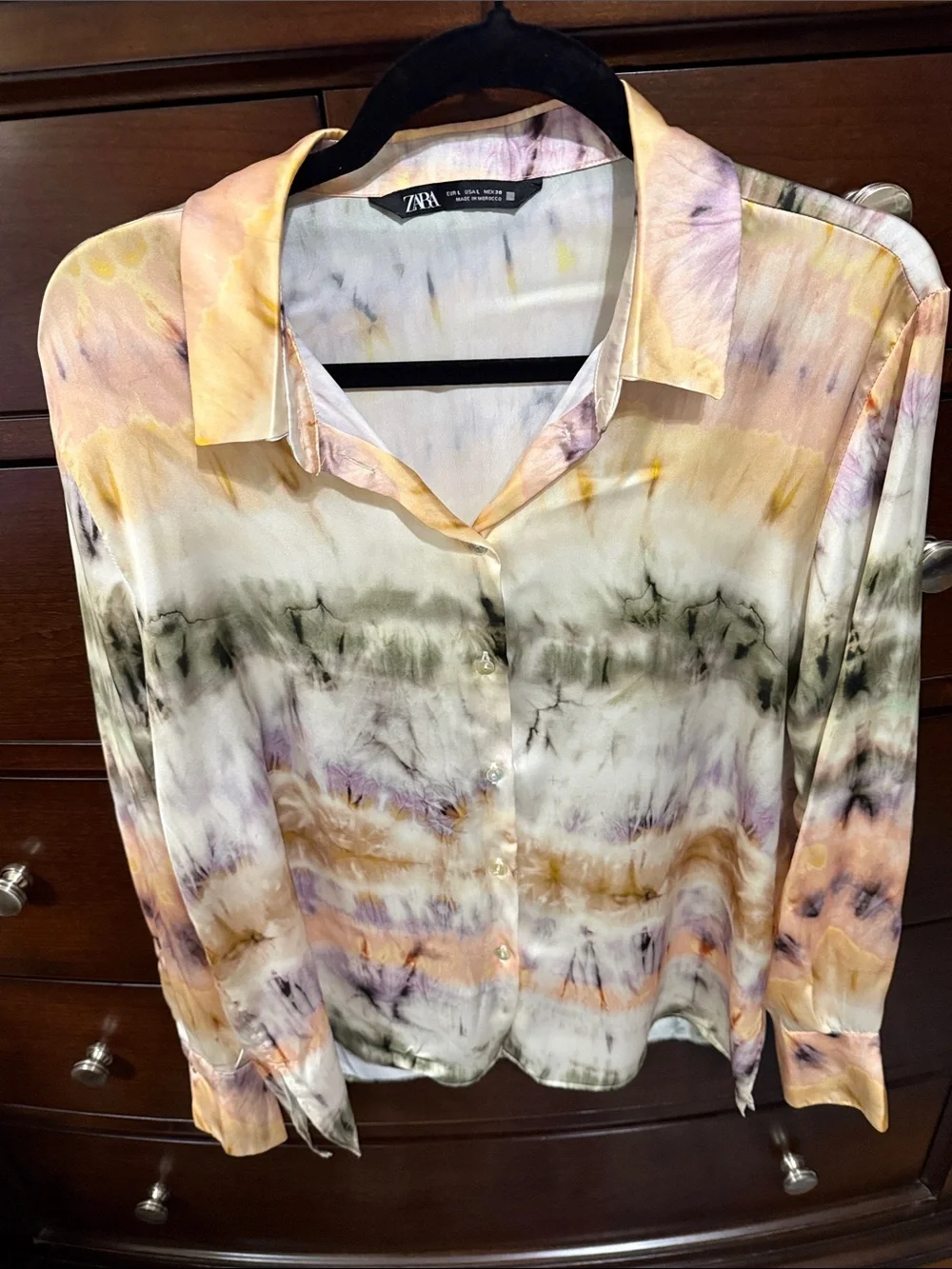 Zara Tie-Dye Satin Pants Pants Set - Peach,Green, Cream